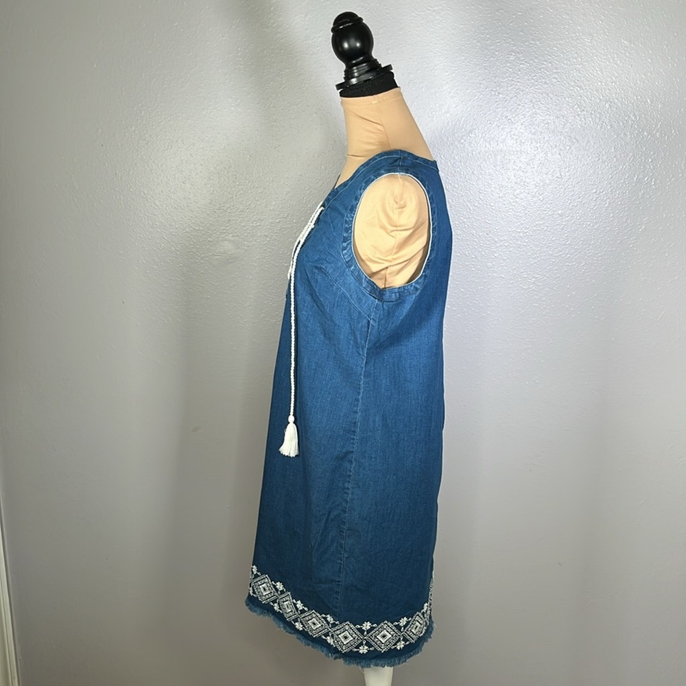 Chambray denim embroidered tassel vneck lace up shift mini dress S boho casual - Picture 4 of 12